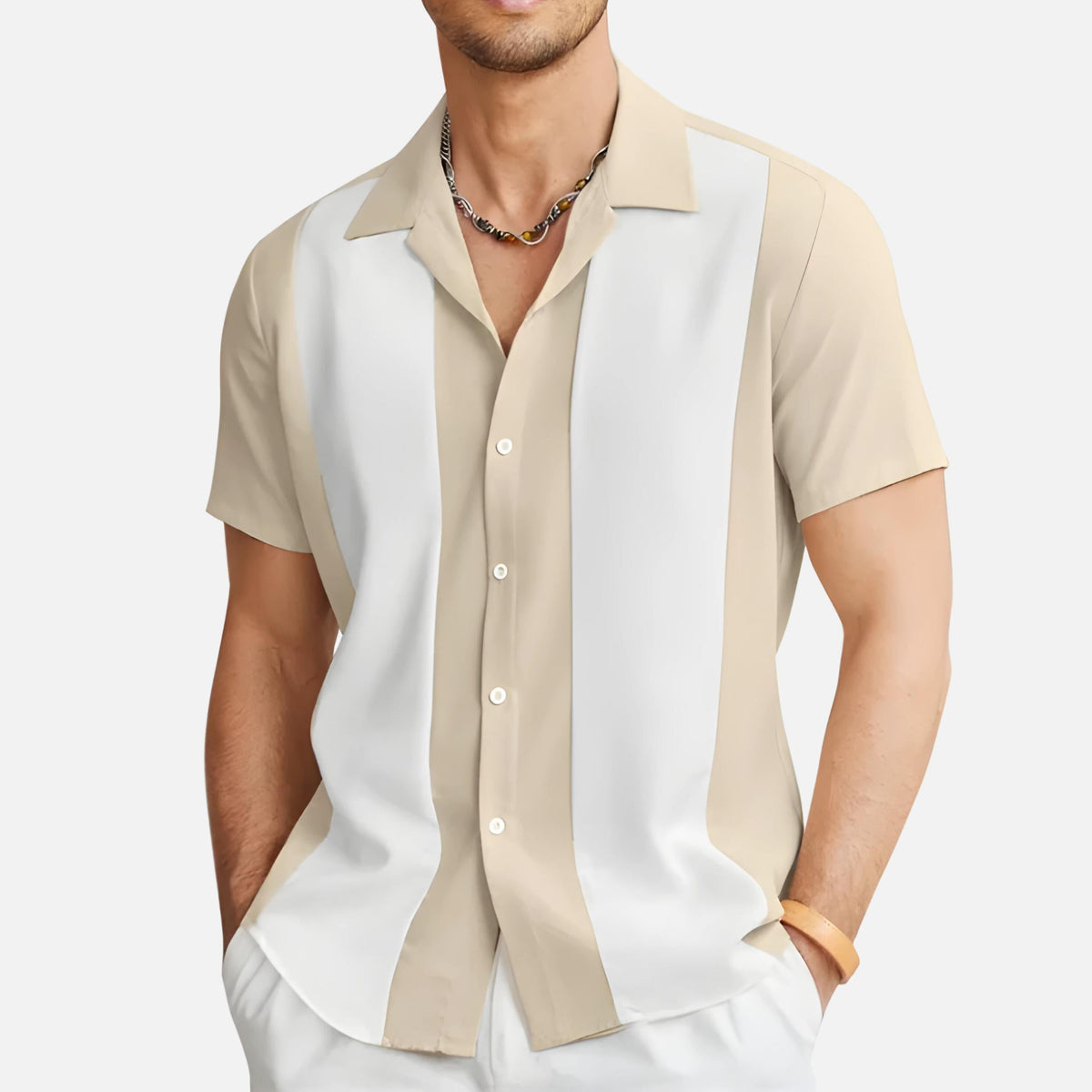 Men’s Cuban Collar Short Sleeve Shirt | Colour Block Button-Down | Casual Summer Top Canada