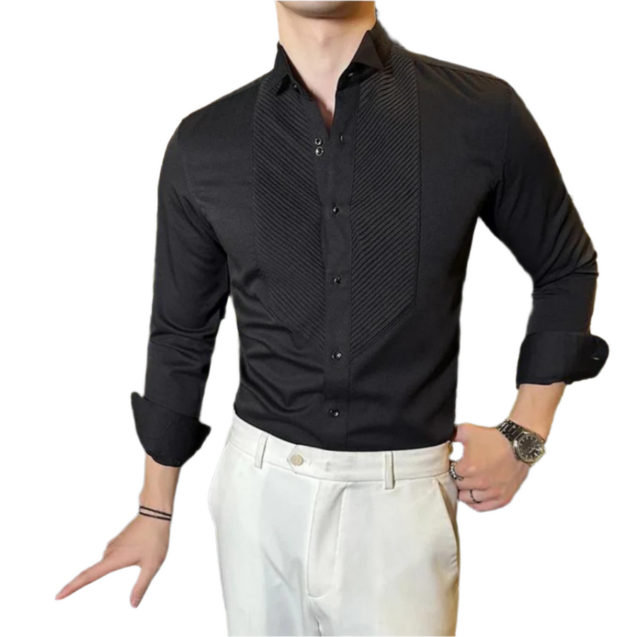 Men's Formal Dress Shirt | Pleated Tuxedo Front | Slim Fit Black Long Sleeve