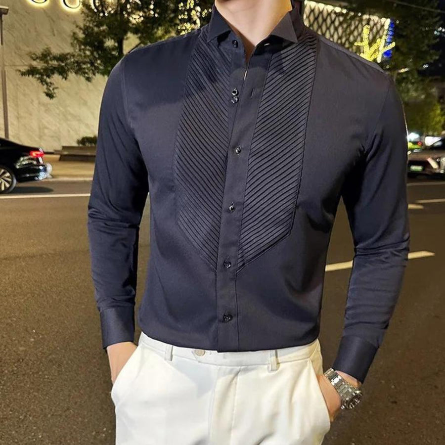 Men's Formal Dress Shirt | Pleated Tuxedo Front | Slim Fit Black Long Sleeve
