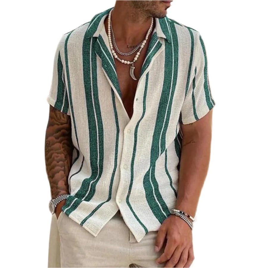 Men’s Short Sleeve Button-Up Shirt | Lightweight Linen Blend | Vertical Stripe Summer Shirt