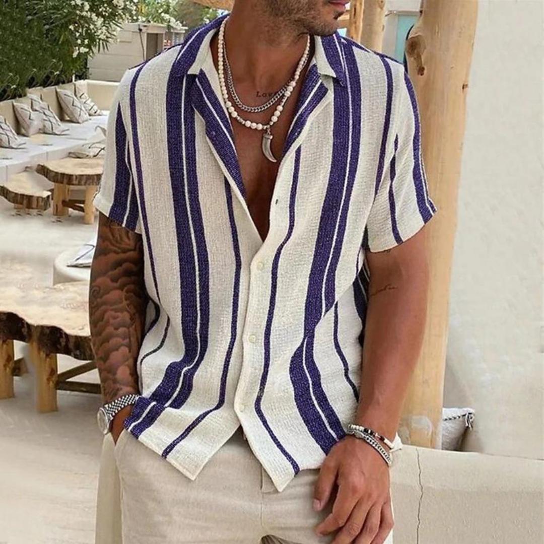 Men’s Short Sleeve Button-Up Shirt | Lightweight Linen Blend | Vertical Stripe Summer Shirt