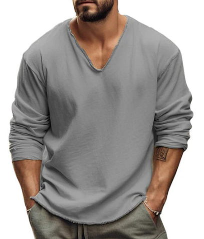 Men's V-Neck Long-Sleeve Shirt | Casual Lightweight Pullover | Everyday Wear