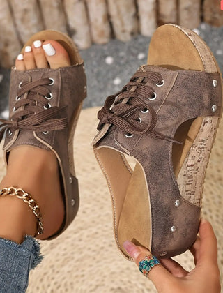 Sophie retro wedge sandals in brown - lace-up cork wedge with studs - Daniel & Sophie Toronto