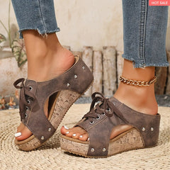 Sophie retro wedge sandals in brown - side view showcasing cork wedge heel - Daniel & Sophie Toronto