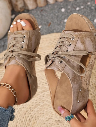 Sophie retro wedge sandals in beige - lace-up cork wedge with studs - Daniel & Sophie Toronto