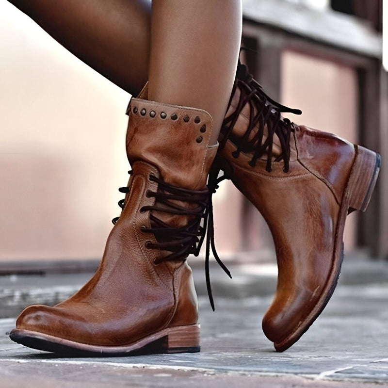 Studded Lace-Up Mid-Calf Boots with Low Heel for Women