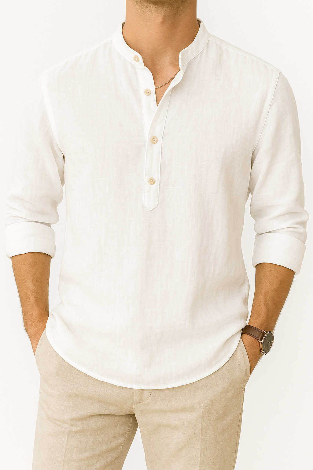 Men’s Linen-Blend Henley Shirt | Long-Sleeve Casual Pullover with Button Placket