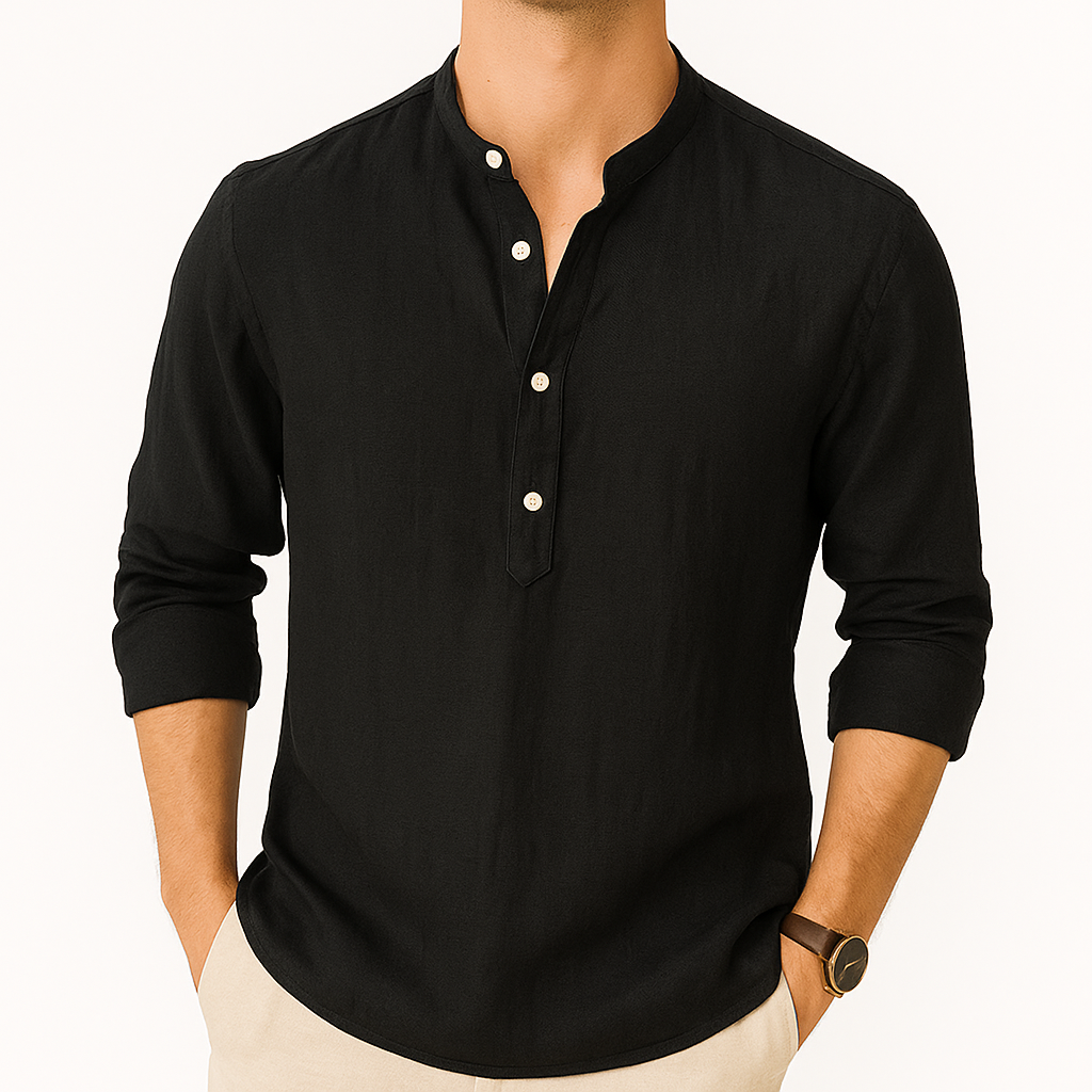 Men’s Linen-Blend Henley Shirt | Long-Sleeve Casual Pullover with Button Placket