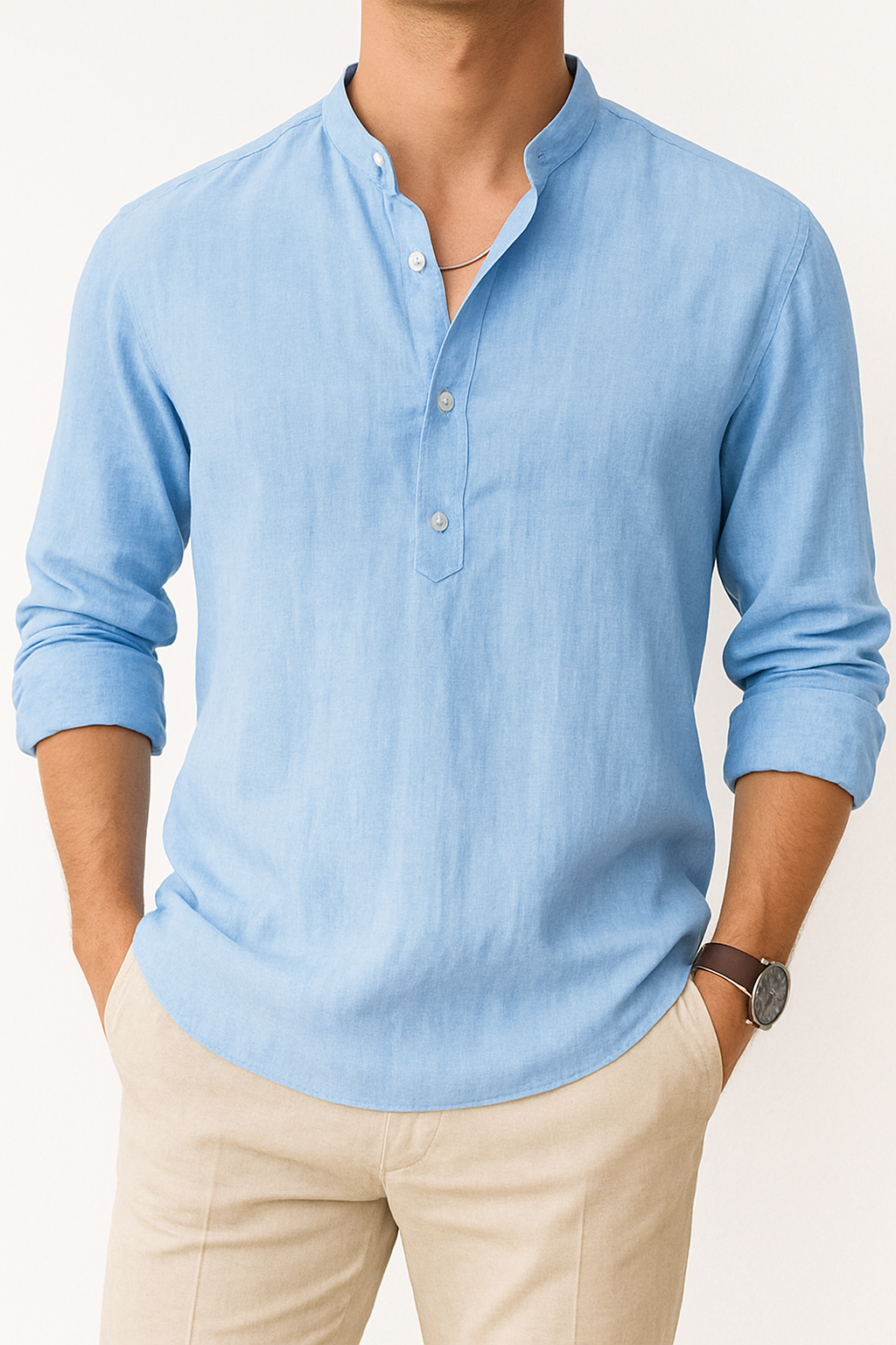 Men’s Linen-Blend Henley Shirt | Long-Sleeve Casual Pullover with Button Placket